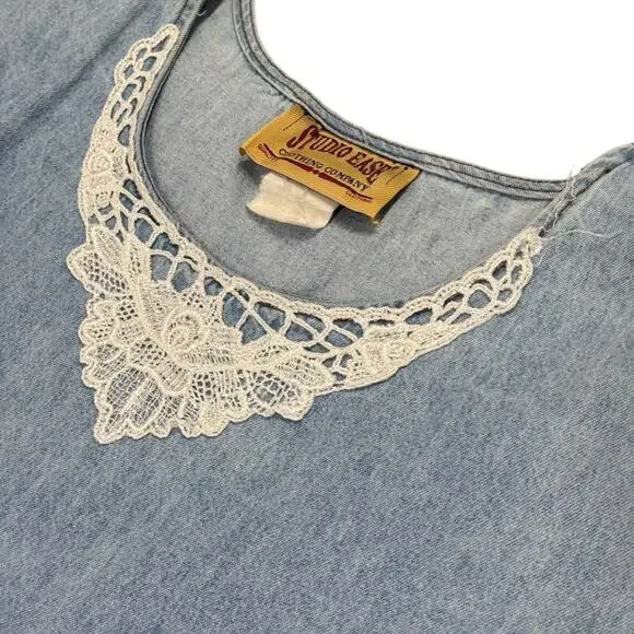 Vintage Studio Ease XL Blue Denim Chambray Lace Neckline Belt Maxi Dress - Picture 5 of 16